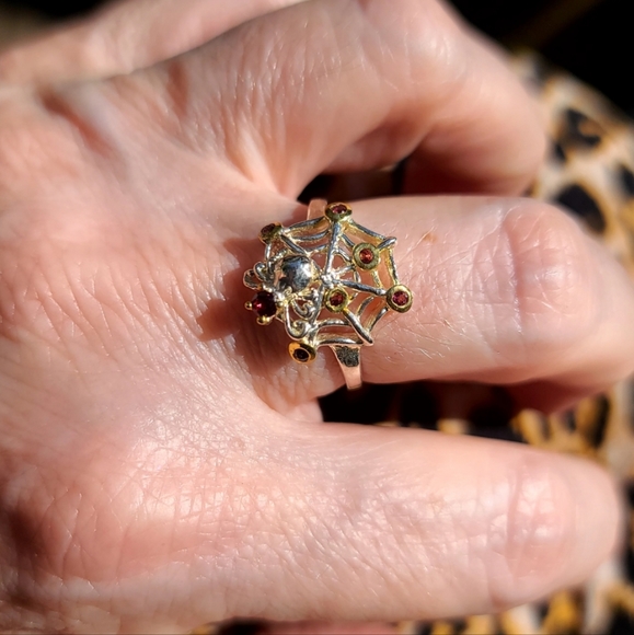 Red Tourmaline & Garnet sleek sterling spider 🕷 on 🕸 web ring sz 8 - Picture 13 of 14